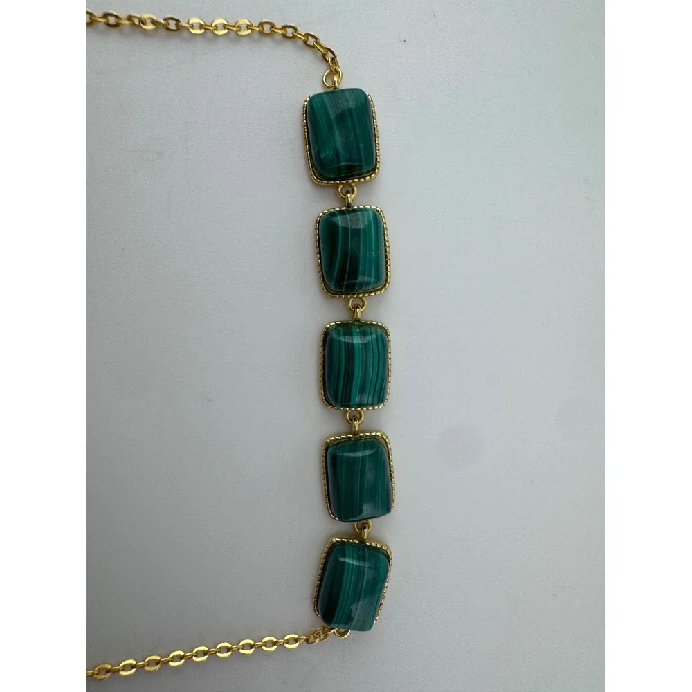 Green Malachite Style Bracelet Gold Tone Chain Rectangle Stones Adjustable